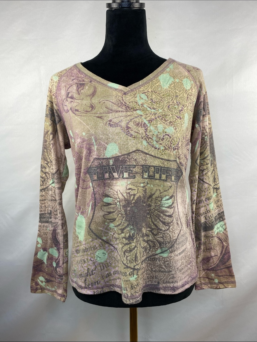 One World Live Let Live Boho Thermal Top Rhinestone Graphic Size Large